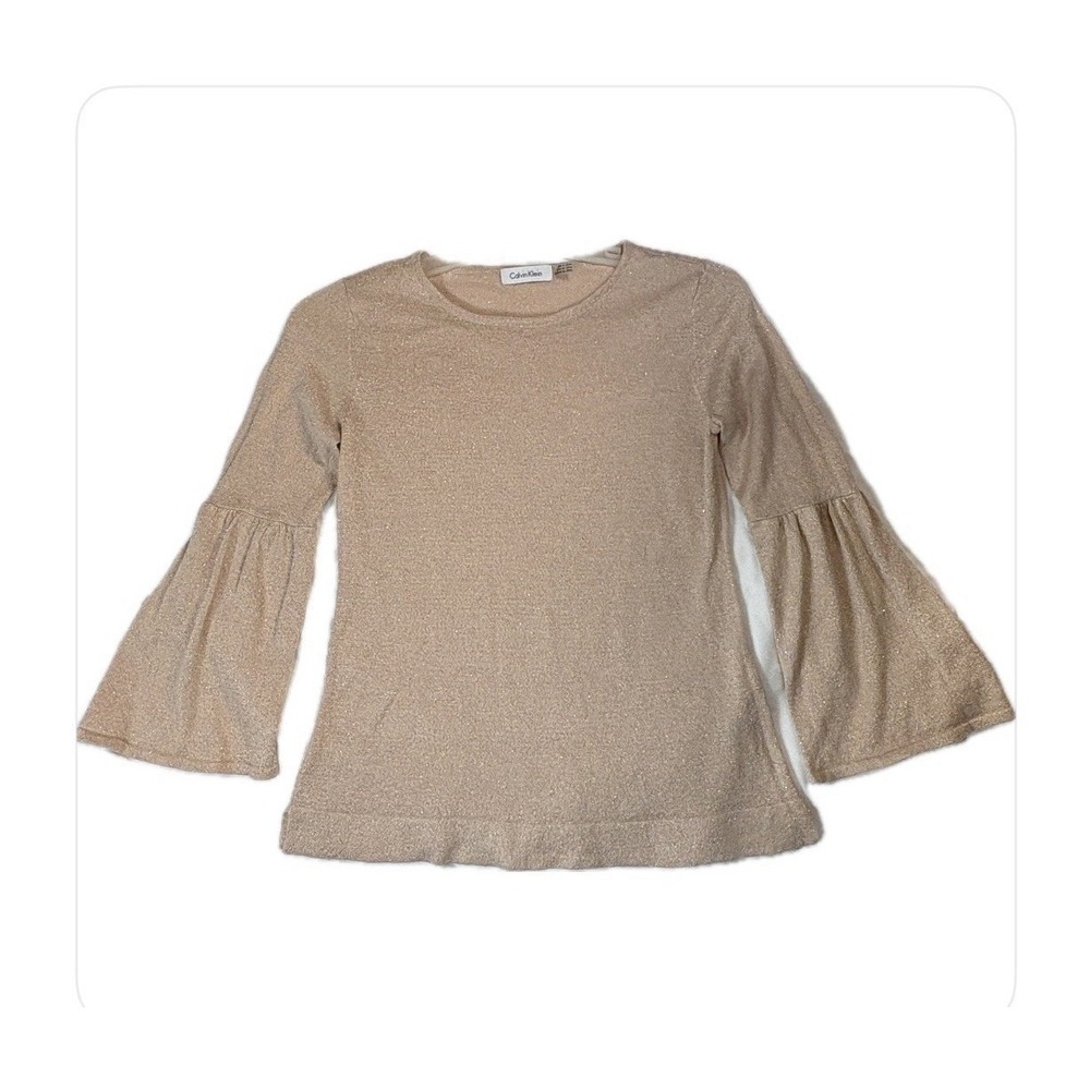 Calvin Klein Metallic Bell Sleeve Sweater Light Pink Gold Lurex Shimmer Small